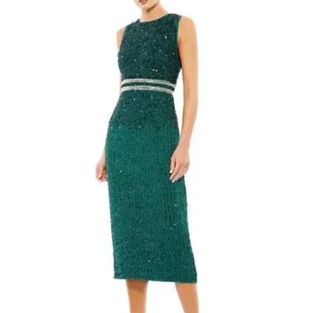 Mac Duggal 10509 Dress Sleeveless Sequined Sheath Midi Deep Emerald Green NWT 14